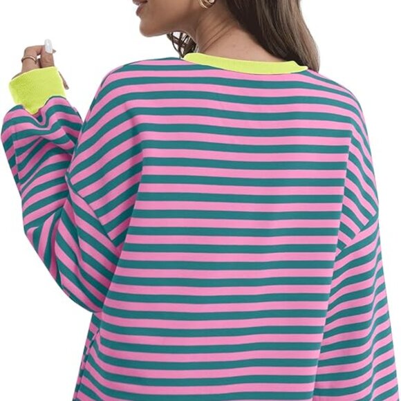 Crewneck Oversized Sweatshirt Striped Color Block Long Sleeve Top XXL NWOT - Picture 2 of 5